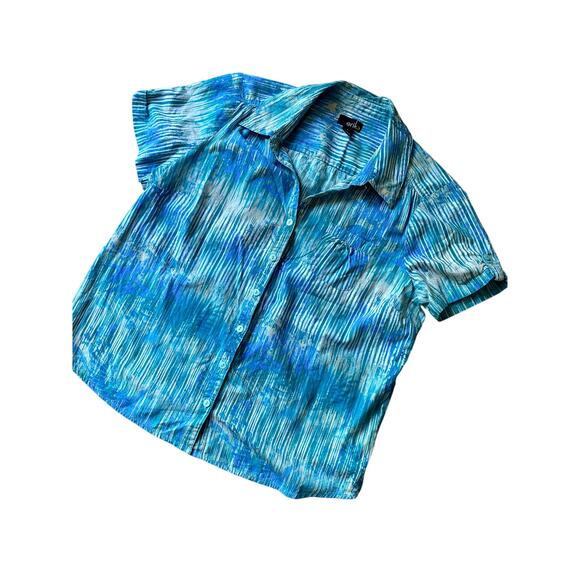 Vintage 90s Teal/Green Abstract Striped Button Down Top Sz L - Picture 1 of 11
